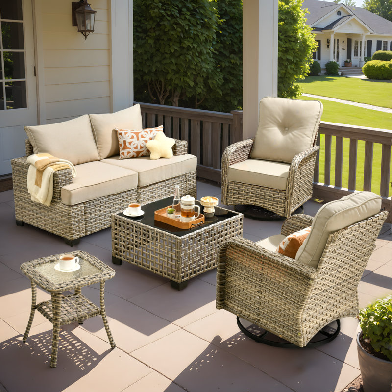 Tommy Outdoor Wicker 4 Person Seating Group With Cushions, Beige