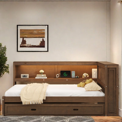 Wooden Daybed With Storage Shelves, Charging Station, Led And Trundle