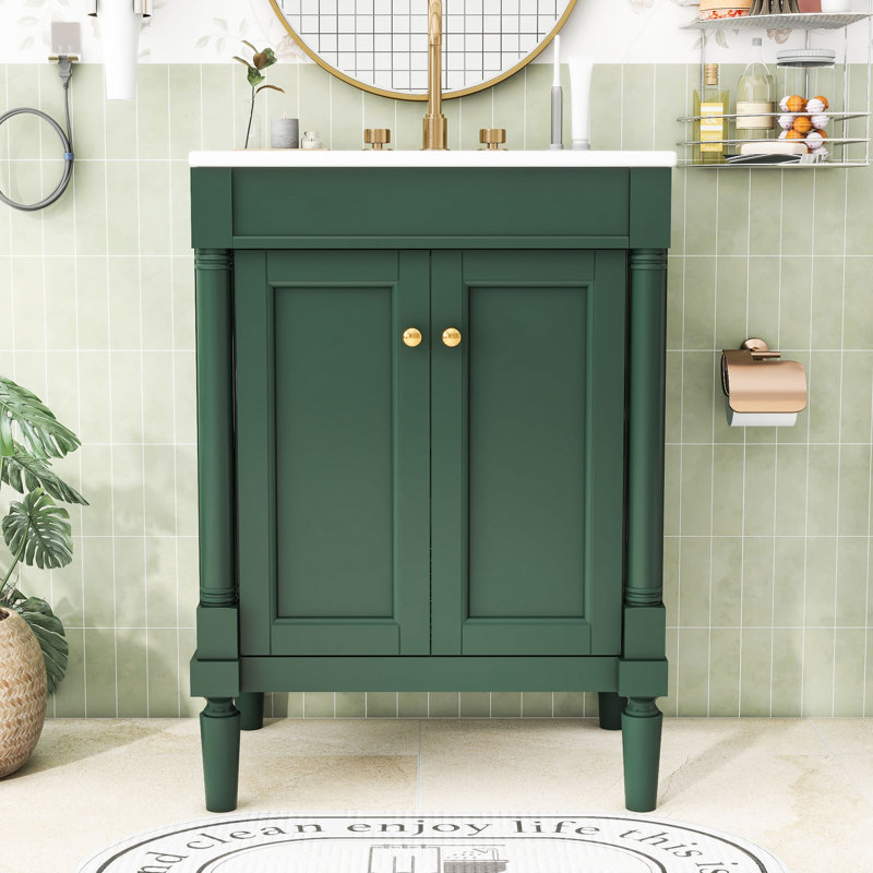 Meuble-lavabo avec lavabo supérieur et armoire de rangement à 2 niveaux Clita, Vert
