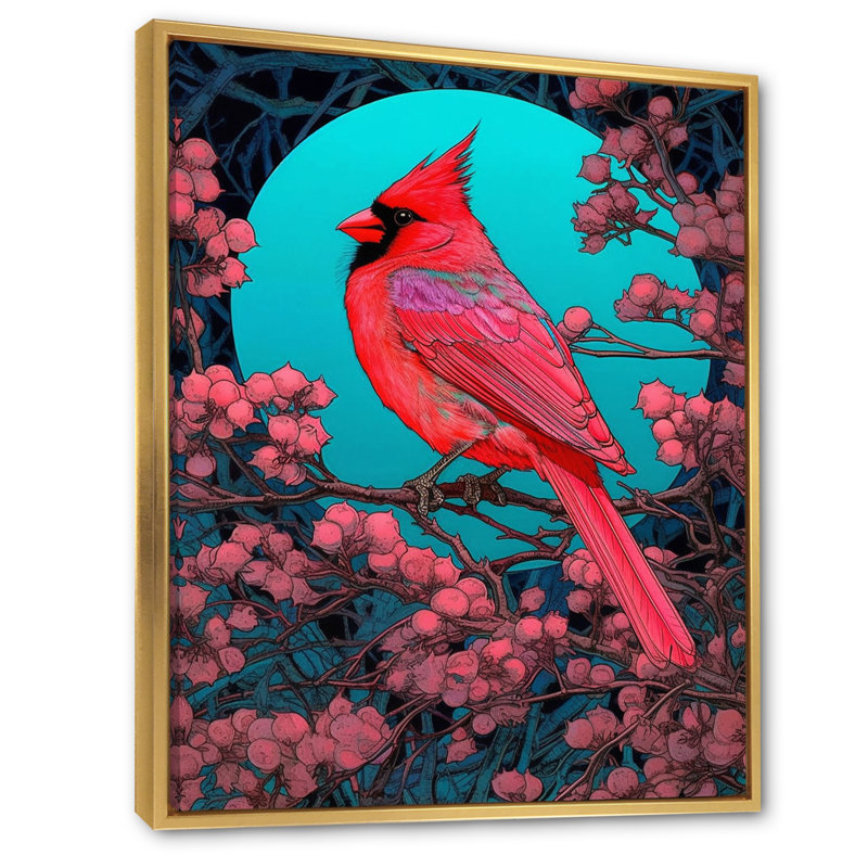 Cardinal rouge sous la pleine lune - impression, H 32 po x l 16 po x P 1 po, Cadre flottant doré