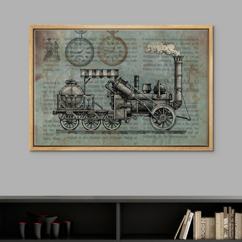 Signature signée, impression sur toile encadrée, locomotive vintage délavée avec impression de journal, transport, art numérique, art moderne, chic, brun chaud pour le salon