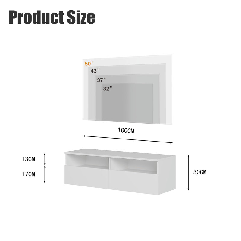 Floating TV Stand with 2 Storage Drawers, Wall-Mount up to 85", White, 30cm H x 100cm L x 33cm W