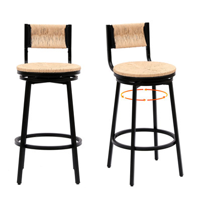 2 tabourets de comptoir rustiques tissés à la main, pivotant à 360 °, siège miel, structure en métal pour la salle à manger, îlot de cuisine 2 pièces rond, structure pivotante noire, couleur