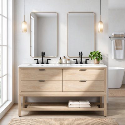 Meuble-lavabo autoportant en bois massif 60 po avec plateau en marbre 60 po