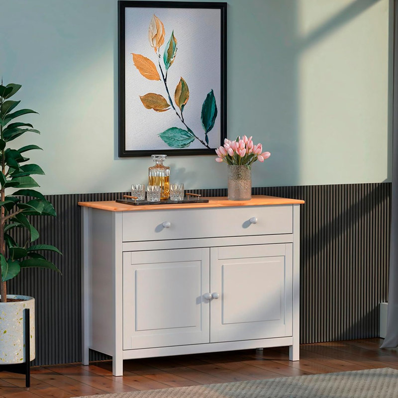Solid Wood White Sideboard Buffet Cabinet With Doors & Drawer - Adjustable Shelves, Multi-Purpose Storage For Dining Room, Kitchen, Or Entryway