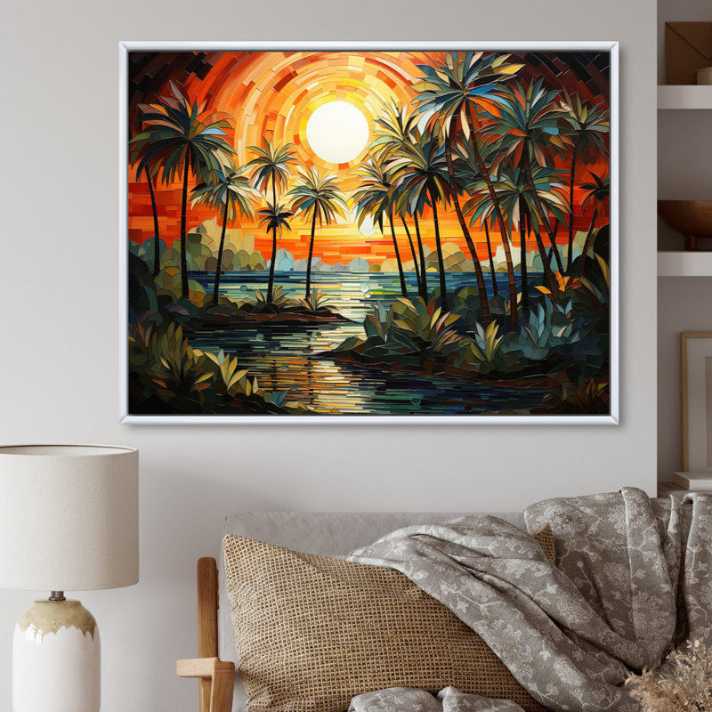 " Orange Palm Trees Mosaic V ", White Floater Framed, 16" H x 32" W x 1" D