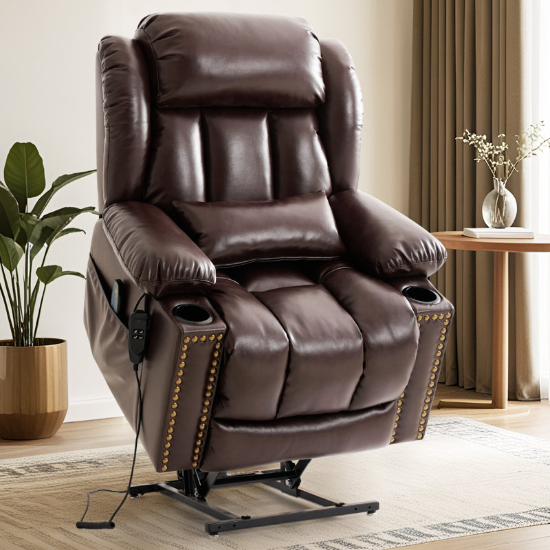 Power Lift Recliner Chair Dual Motor, Electric Leather Recliner For Elderly With Heat And Massage, Lay Flat Assist Recliner With Cup Holder (Brown)