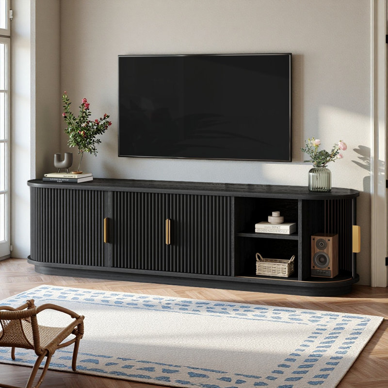 Farmhouse Fluted TV Console with Sliding Tambour Doors, Wood Media Cabinet for TVs up to 75", Adjustable Shelving & Cable Management for Living Room