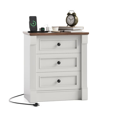 Farmhouse Rustic Nightstand with Charging Station & 3 Drawers, 23.6" Wide Wood Bedside Table with Roman Column Design, End Table with Storage for Bedroom Living Room, White