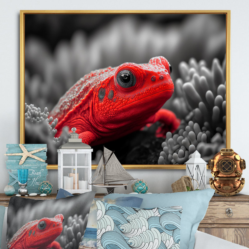 Créature sous-marine rouge - art mural bois côtier, H 12 po x l 20 po x P 1 po, Cadre flottant doré