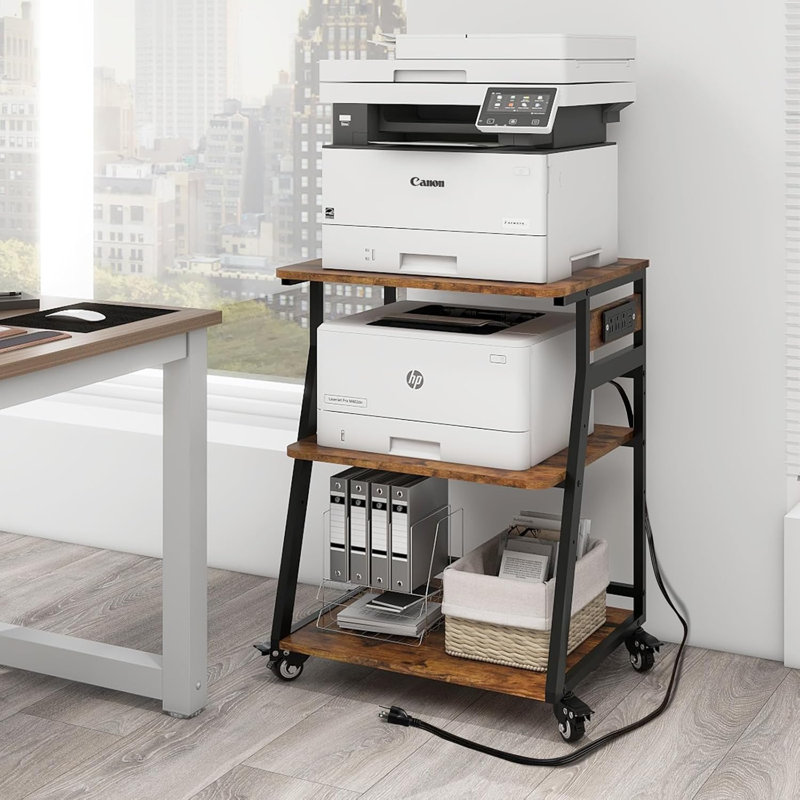 Grand bureau pour imprimante 23,6 po x 19,7 po x 29,5 po avec tablette de rangement réglable et station de charge, Brun