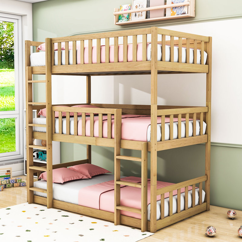 Space-Saving Twin Over Twin Over Twin Triple Bunk Bed With Detachable Feature, White Oak