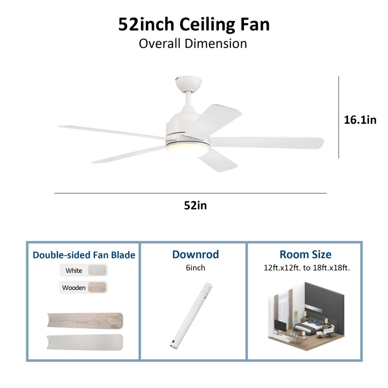Ventilateur de plafond standard à DEL à 5 pales 52 po avec télécommande murale et ensemble d'éclairage inclus Freixa