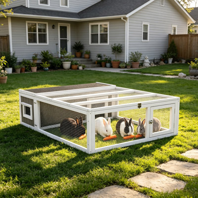 Outdoor Wooden Rabbit Hutch Guinea Pig Cages Tortoise Enclosure Small Animal Hutch, Asphalt Roof, Floorless Design
