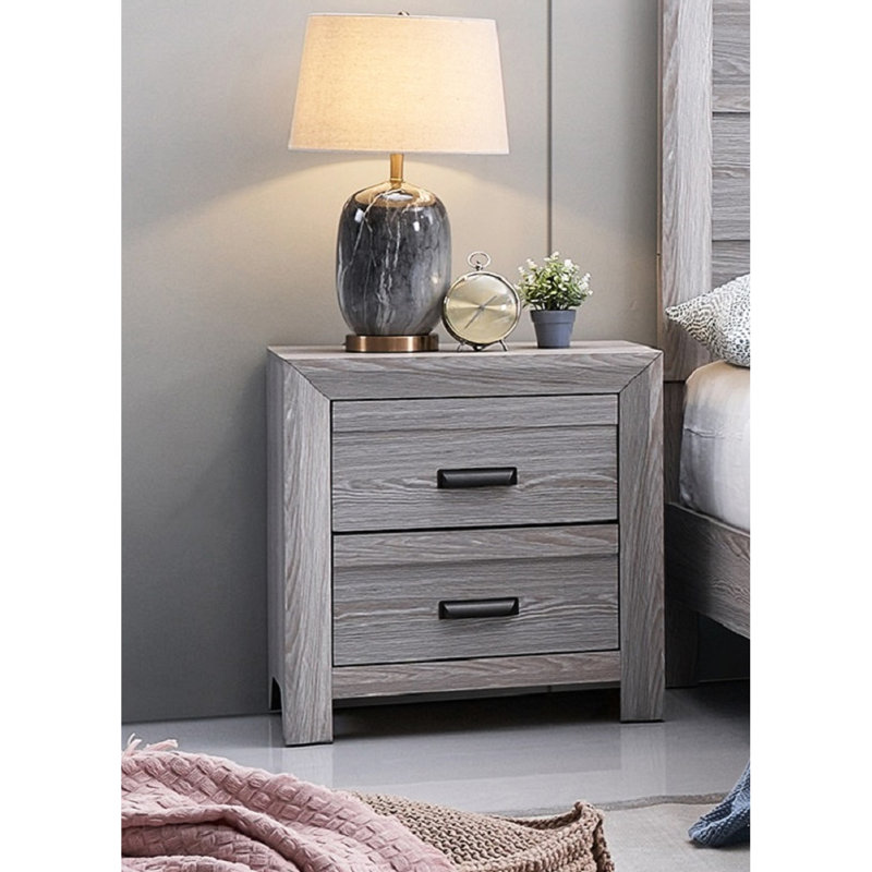 Wooden Nightstand, Gray Rustic, 2 Drawers For Bedroom Organization Essential Use