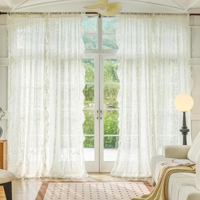 Ruffle Curtains 2 Panels - Vintage Tulle Floral Lace Cream Sheer Curtains 84 Inches Long, Shabby Chic Decor, Rod Pocket Privacy Ruffled Drapes For Living Room, 59 X 84 Inch, Ivory