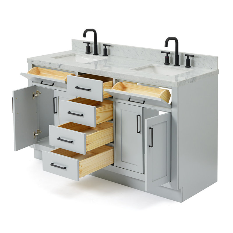Meuble-lavabo double en bois massif Tidworth avec plateau en marbre de Carrare de 1,5 po, Gris / noir mat