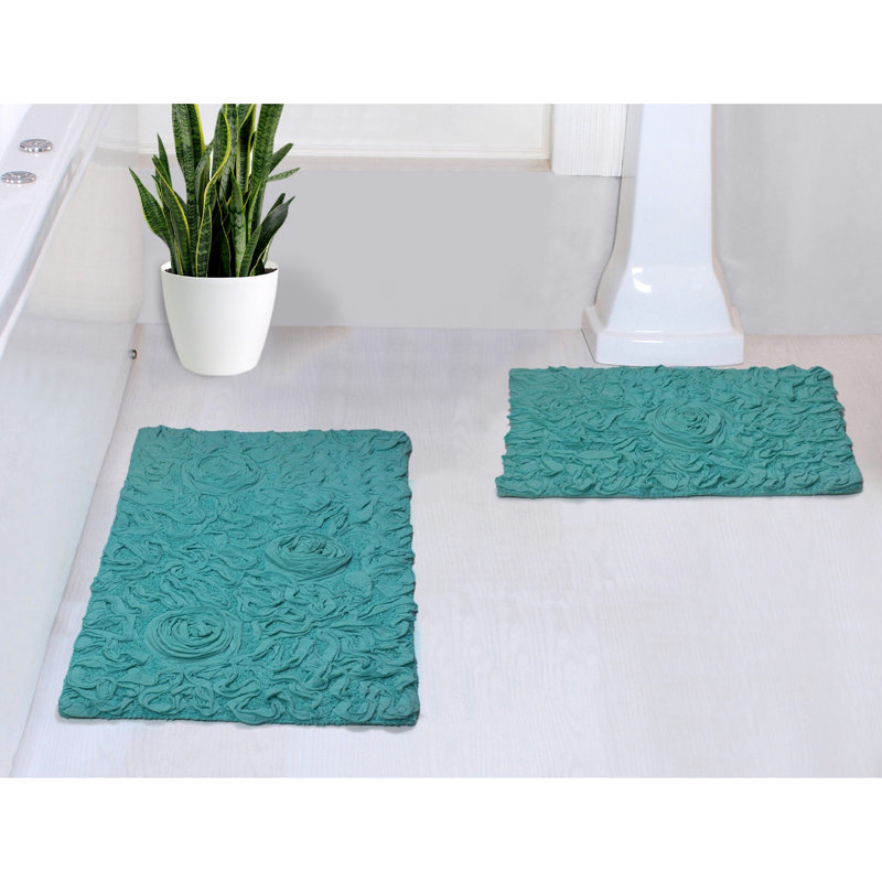 Freida Rectangle 100% Cotton 2 Piece Bath Rug Set, Turquoise, 17" W x 24" L, 21" W x 34" L