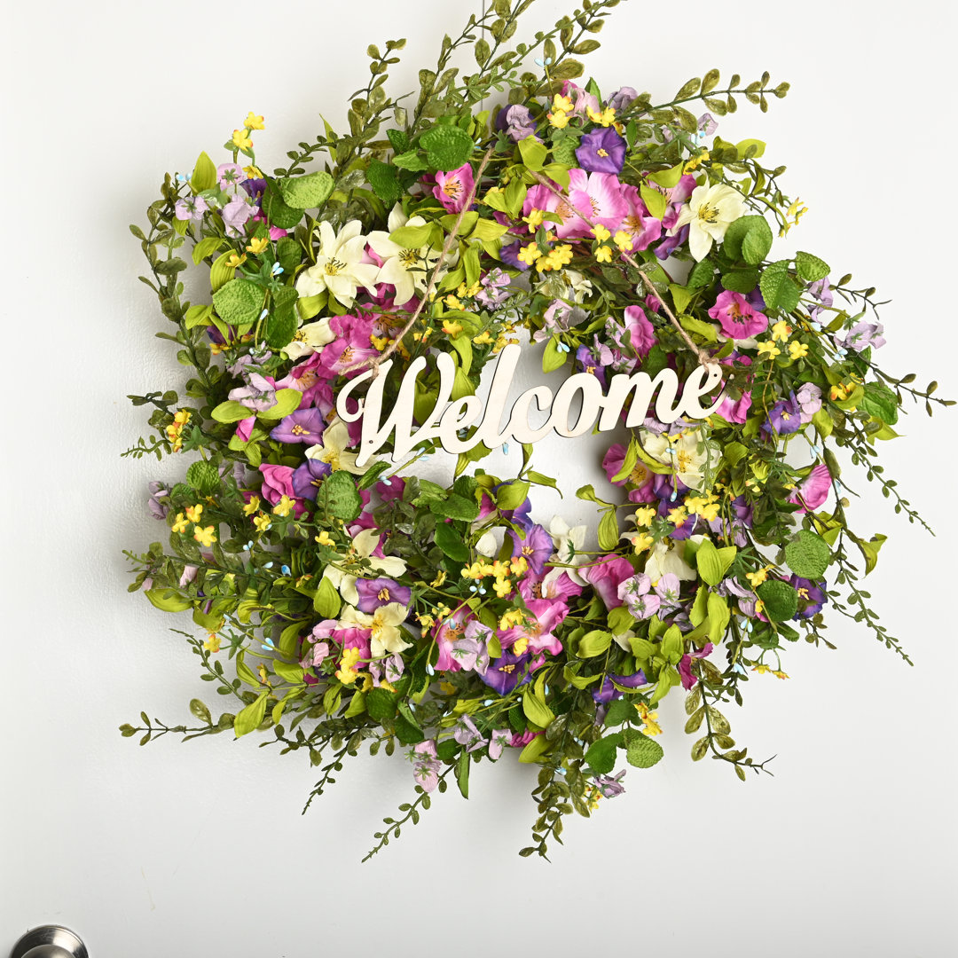 24" Welcome Eucalyptus Morning Glory Front Door Wreath Primrue