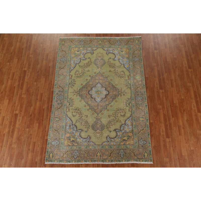Tapis vert perse surteint Tabriz noué à la main 6 x 9