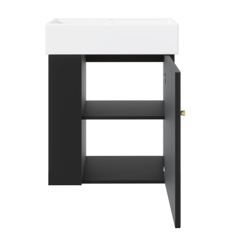 21.6 Inch Space Efficient Wall Mounted Bathroom Vanity With Sink Left Side Open Storage, Black