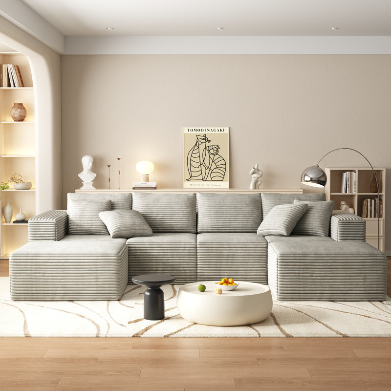 Canapé modulaire de 137 po avec 2 repose-pieds modulaire Comfy Cloud, Gray White Corduroy