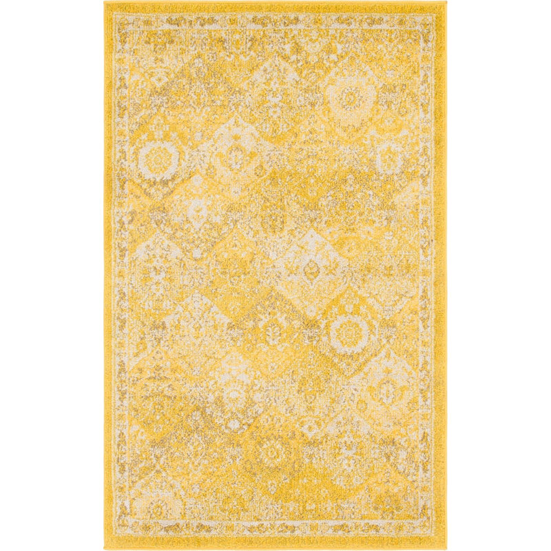 Tapis jaune à motif abstrait Kalf, Rectangle 3 pi 3 po x 5 pi 3 po