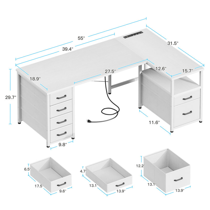 L-shaped Desk With 5-tier Under-desk Drawers,reversible Desk With Large Cabinet, Writing Desk With Power Outlets, Home Office Desk  With Cpu Stand
