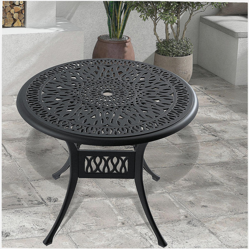 Table de salle à manger 35,43 pouces en fonte d'aluminium avec structure noire et trou pour parasol