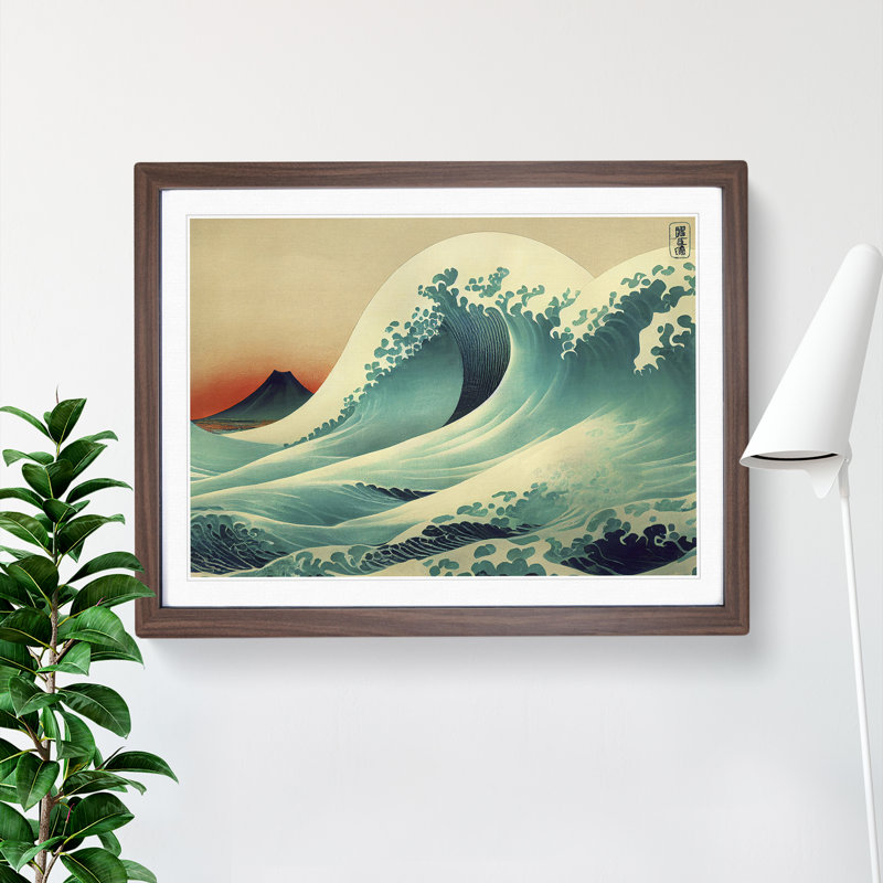 Japanese Wave By Mountains Vol.1 - Single Picture Frame Print, 25cm H x 34cm W x 2cm D, Walnut Framed