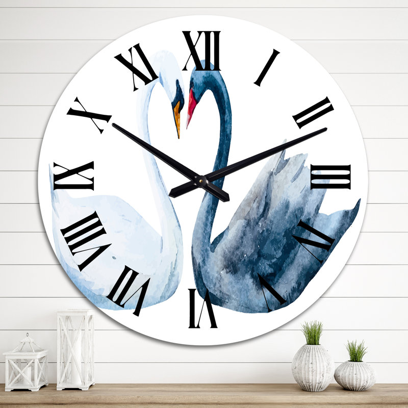 Cygnes en forme de cœur noir et blanc - Horloge murale traditionnelle, Surdimensionné