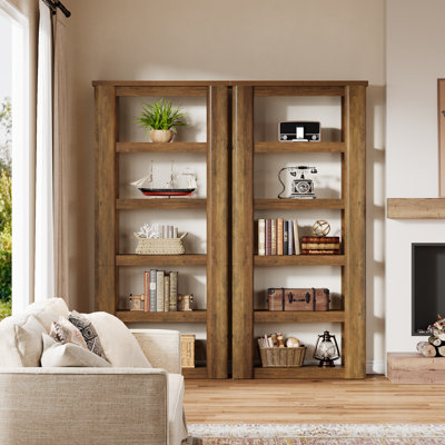 Ensemble de 2 bibliothèques ouvertes de 5 étages de 71 po de hauteur avec bibliothèque en grain de bois rétro pour le salon, le bureau personnel et une tablette de rangement brun rustique