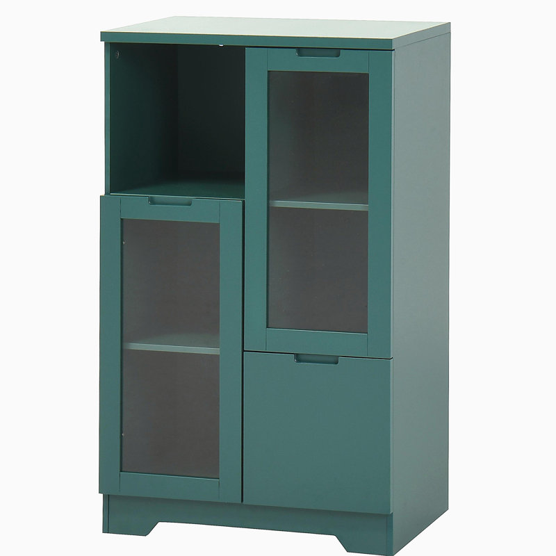 Armoire peinte en panneau de fibres à densité moyenne avec portes et tiroir en verre, espace de rangement ouvert, Vert