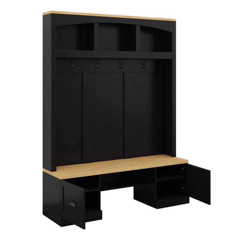 Arbre d'entrée avec banc et plateau en grain de bois, portemanteau avec crochets noirs, poignées en coquille, banc à chaussures avec tablettes réglables