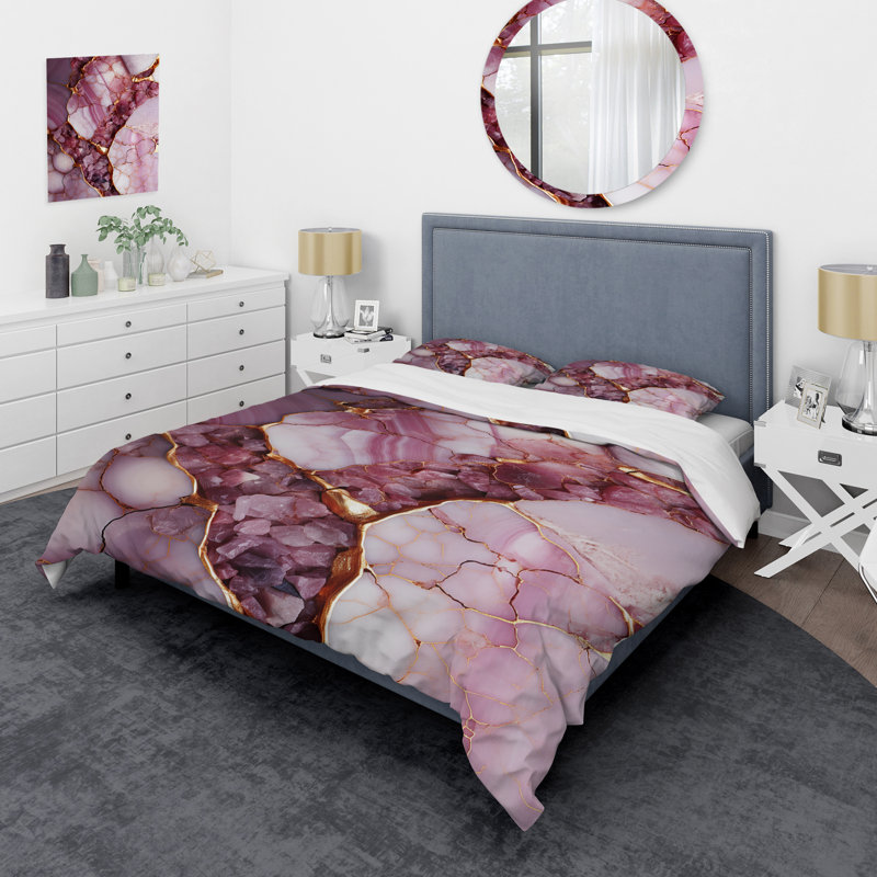 Ensemble de housse de couette abstrait rose et doré Marble River III - Abstract, Housse de couette pour grand lit