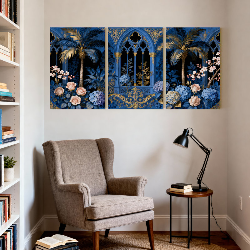 Plantes et fleurs, arche gothique bleue avec accents dorés et motifs floraux, ensemble de 3 impressions sur toile
