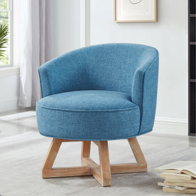 Chaise pivotante avec base en bois en forme de croix, chaise longue avec pieds en bois massif, chaise pivotante à 360 °, tissu en lin classique pour salon, chambre à coucher, bureau, commode - bleu clair