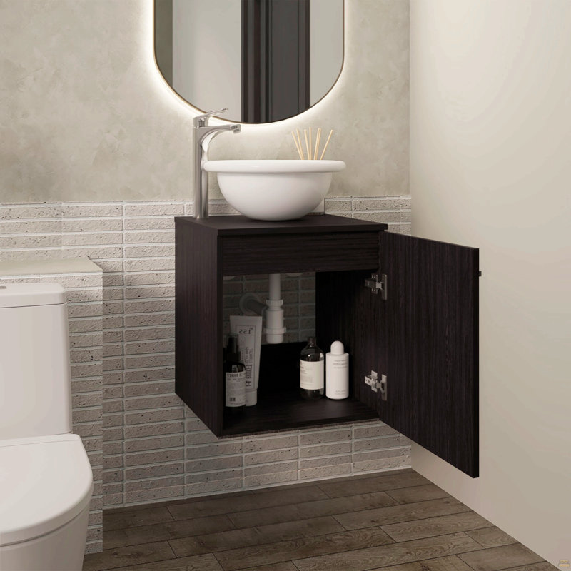 Meuble-lavabo flottant à une porte Clyde, avec lavabo vasque et une tablette