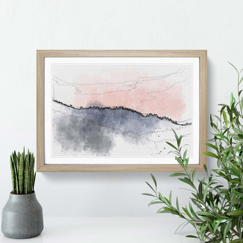 Pink Sunrise over a Forest - Picture Frame Graphic Art Print, 50cm H x 76cm W x 2cm D, Oak