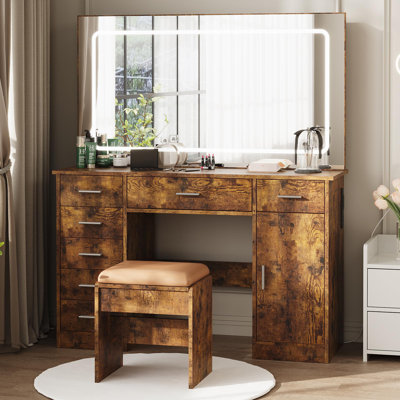 Modern Vanity Desk with LED Mirror – 7 Drawers, Power Outlets, Hair Dryer Holder, 3-Mode Adjustable Lighting – Large Makeup Dressing Table for Bedroom