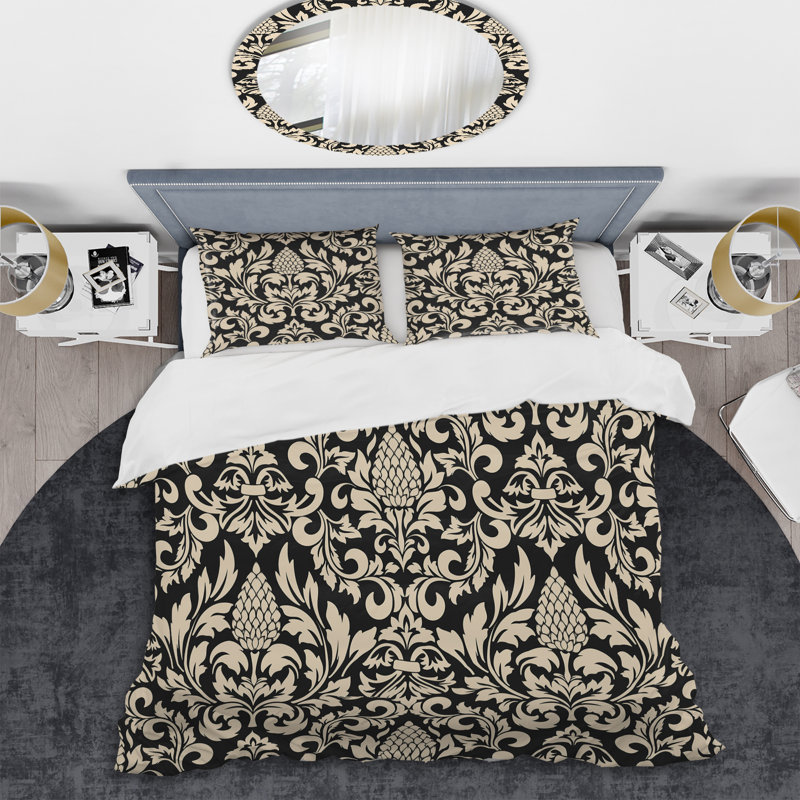 Ensemble de housse de couette en microfibre crème / noir 2 pièces, Housse de couette pour grand lit et 2 taies décor