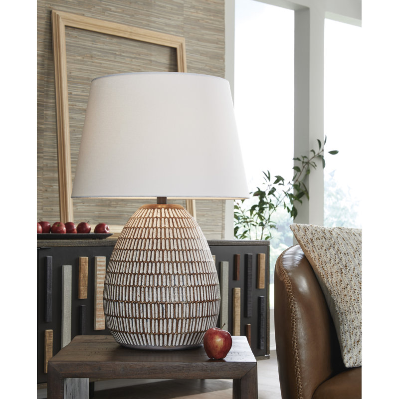 Distressed White Metal Table Lamp with Fabric Shade