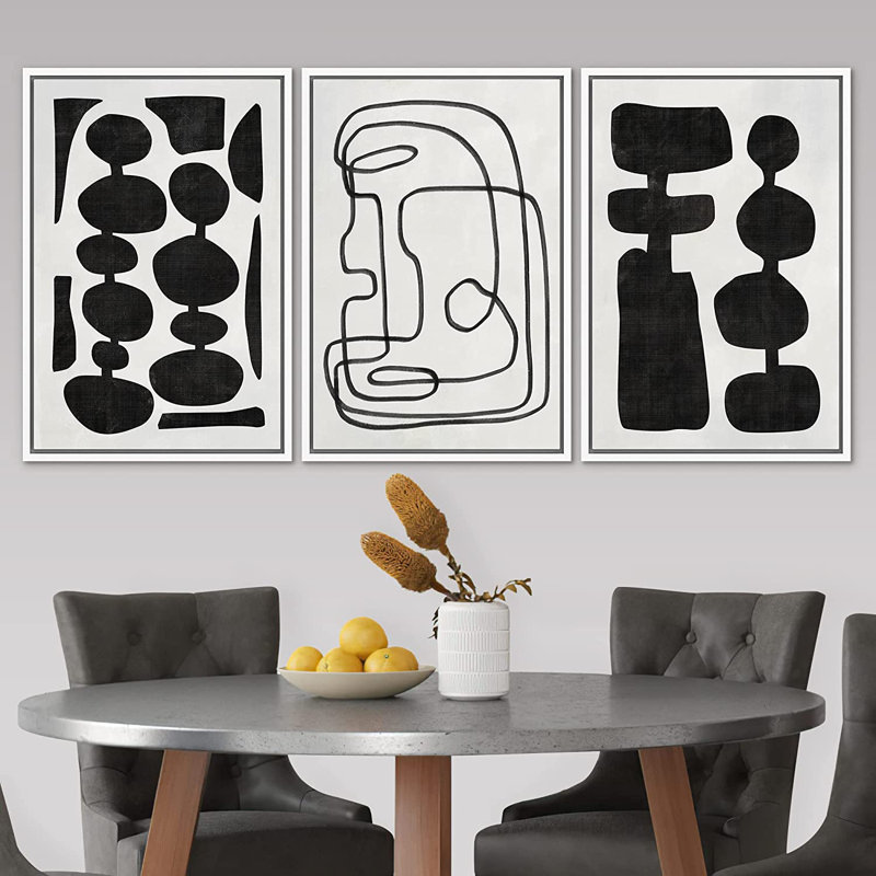 «Retro Mid-Century Boho Duotone Collage Abstract Shapes Illustration», ensemble de 3 peintures encadrées sur toile flottante