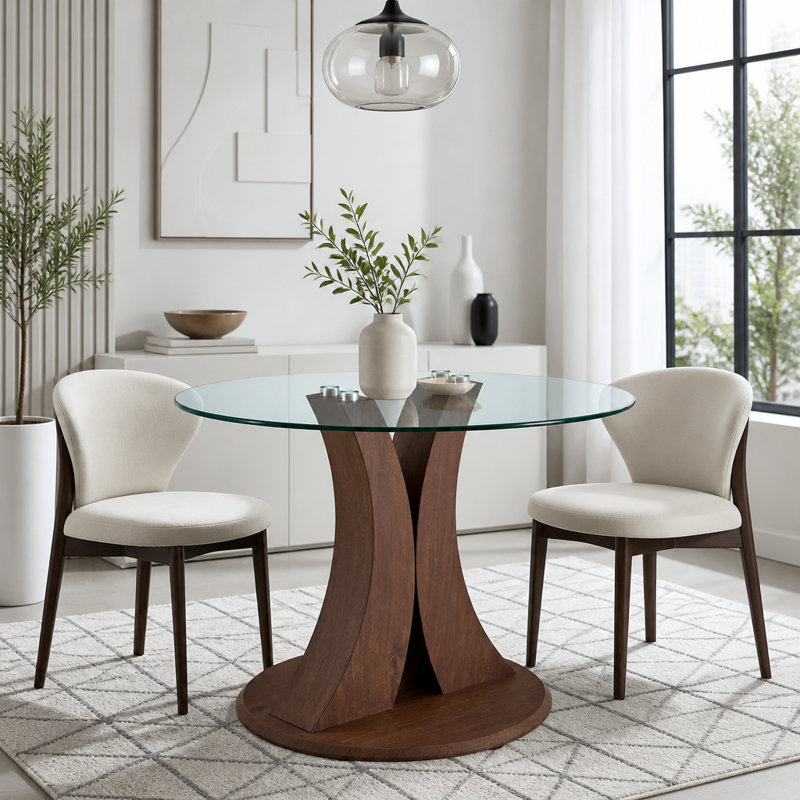 2-in-1 Modern Round Glass Dining Table, 39" Pedestal Kitchen Table with Adjustable Curved Wood Base, 4 Person Space Saving Dining Room Table