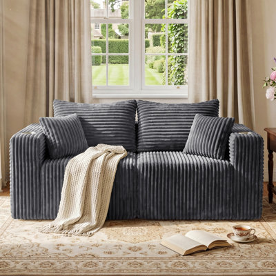 Aldora Compression Modular Sectional Sofa, 2-Piece Compression Low Profile Loveseat with Cup Holders, Side Storage Pocket and 4 Pillows, No Assembly Roll-Pack Sofa for Living Room, Gray