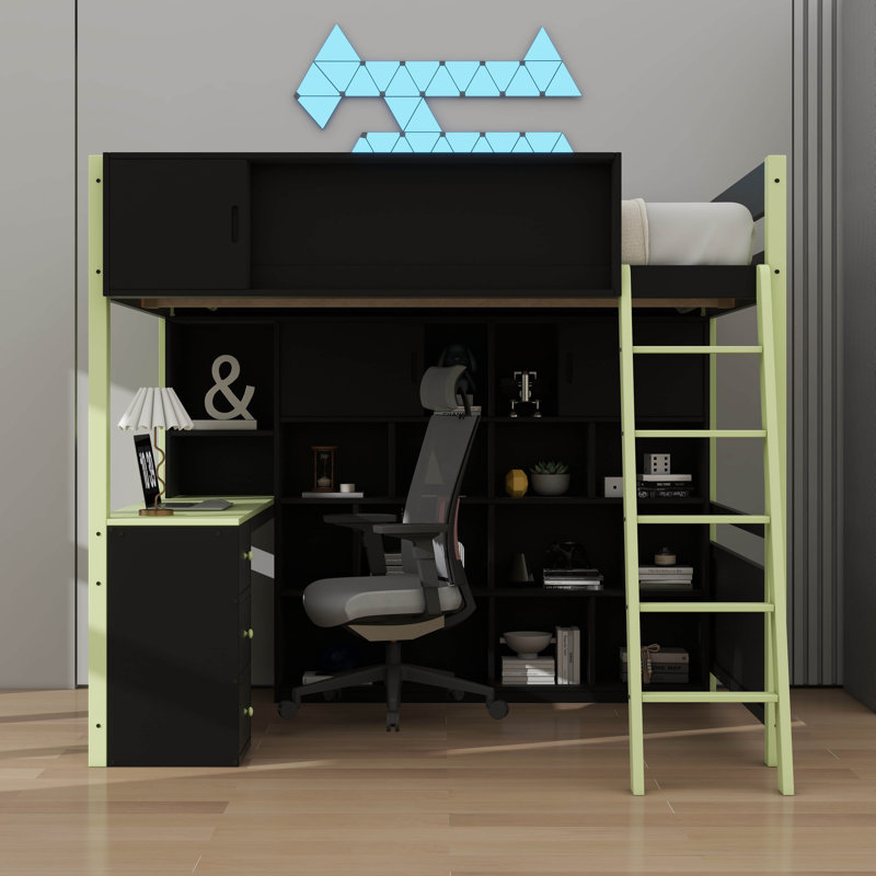 Lit mezzanine double en bois avec bureau et tiroirs intégrés, lit de jeu offrant un espace de rangement spacieux et un éclairage
