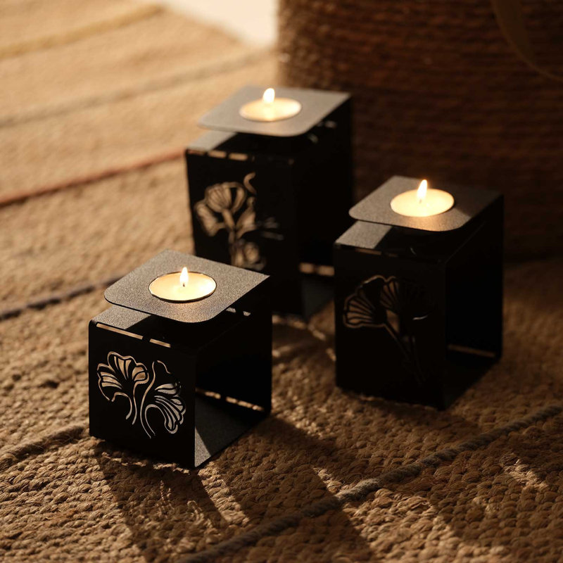 3 Piece Steel Tabletop Candlestick Set, Black