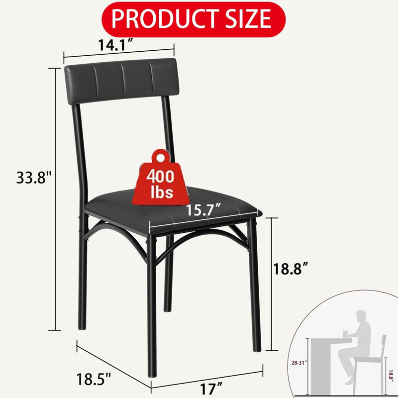 Ensemble de 2 chaises de salle à manger rembourrées avec dossier, chaise de salle à manger en cuir PU pour cuisine, appartement, dîner, siège confortable
