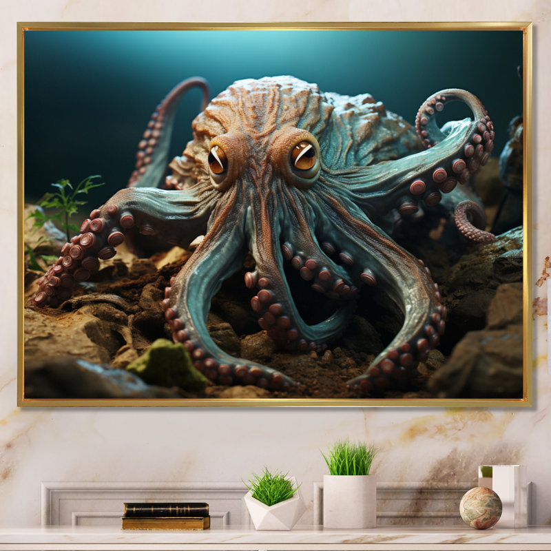 Teal Octopus Lunar Reflections sur toile, H 16 po x l 32 po x P 1 po, Cadre flottant doré