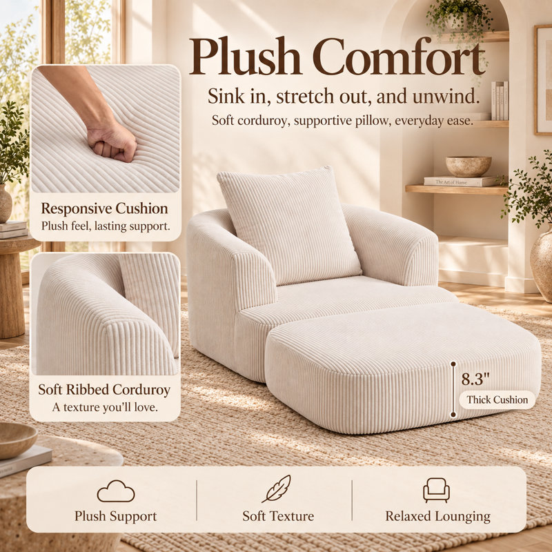 Fauteuil lounge convertible surdimensionné de 180 cm (71 po), fauteuil profond 2 en 1 en velours côtelé avec méridienne dépliable